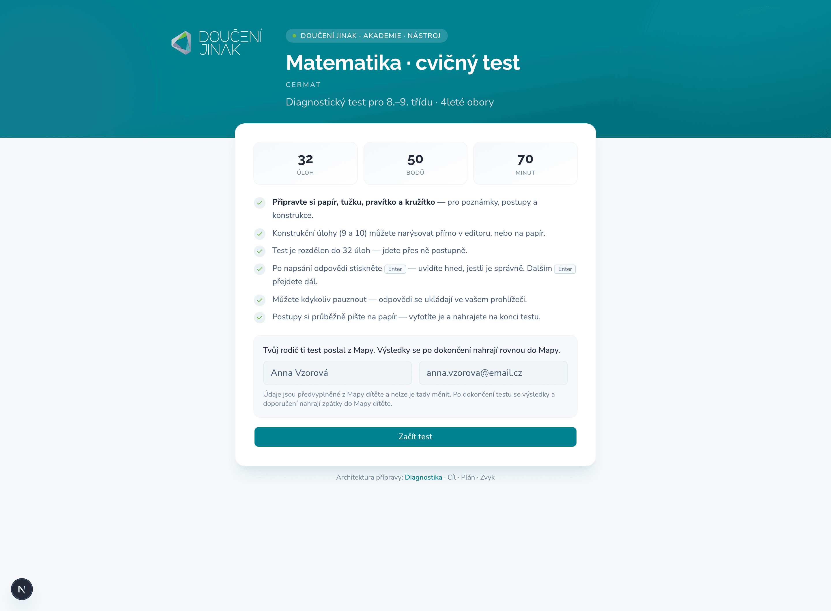 Cermat simulátor spuštěný z Mapy — úvod cvičného testu, výsledky se nahrají do Mapy